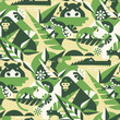 African jungle seamless pattern with gorilla, birds, hippo, monkey. crocodile, frog, snake, leaves and flowers. Perfect for camouflage fabric, textile, wallpaper. Animal design pattern. 
