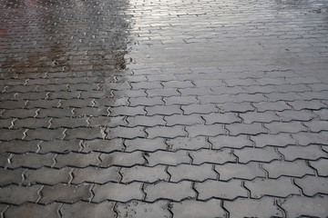 Wall Mural - Old pavement of granite texture. Street cobblestone sidewalk. Perspective View of Monotone Grunge Gray Brick Stone on The Ground for Street Road.