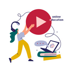 Flat design concept of online education, training and courses, learning, video tutorials. Illustration for website banner, marketing material, presentation template, online advertising.
