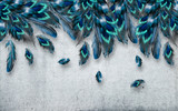 Fototapeta Boho - 3d illustration, gray grunge background, large blue-green feathers falling from above