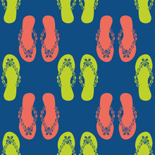 Flip Flop Shoe Seamless Vector Pattern Background. Pretty Sandals Geometric Design Beach Them Backdrop In Neon Orange, Blue, Green. Shell Decorated Footwear. All Over Print For Vacation Concepts