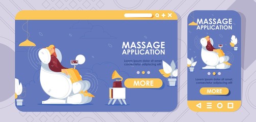 Cross platform banners for landing page design. Massage chair with woman relaxing in interior