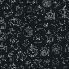 Wall Mural - Halloween seamless vector hand drawn doodle pattern