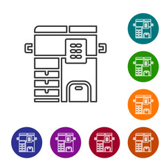 Sticker - Black line Office multifunction printer copy machine icon isolated on white background. Set icons in color circle buttons. Vector.