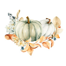 Watercolor Pumpkins Composition. Hand Painted Blue And Orange Pumpkins With Leaves Isolated On White Background. Autumn Festival. Botanical Illustration For Design, Print Or Background