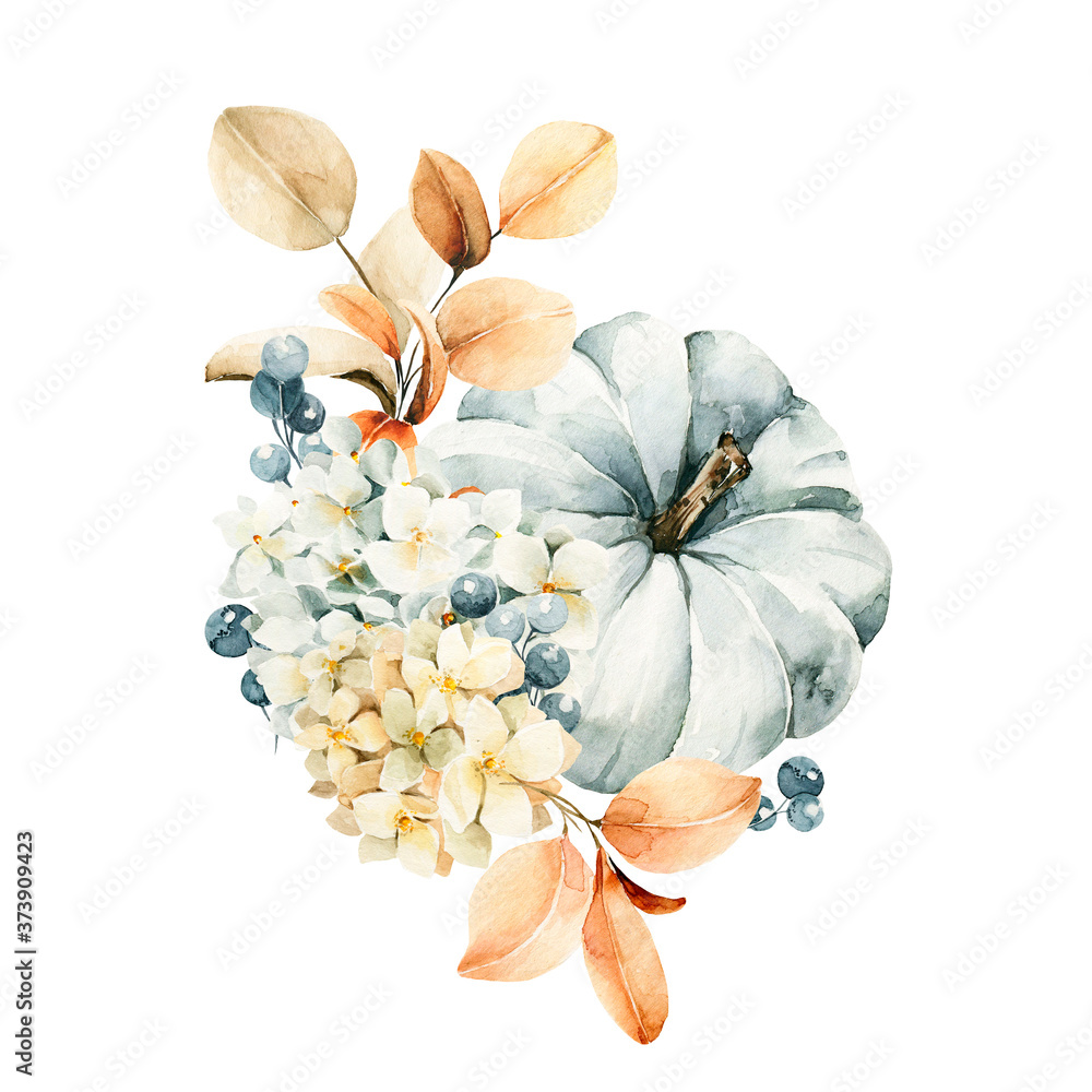 Watercolor pumpkins composition. Hand painted blue and orange pumpkins ...