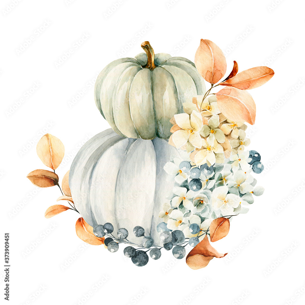 Watercolor pumpkins composition. Hand painted blue and orange pumpkins ...