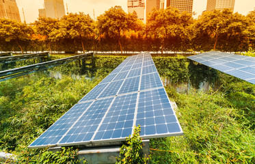 Wall Mural - ecological energy renewable solar panel plant with urban landscape landmarks