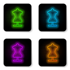 Poster - Glowing neon line Mannequin icon isolated on white background. Tailor dummy. Black square button. Vector.