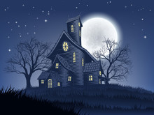 A Spooky Haunted House Mansion Halloween Background With A Full Moon