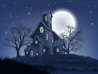 Wall Mural - A spooky haunted house mansion Halloween background with a full moon