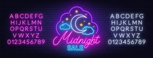 Midnight Sale Neon Sign On A Brick Wall Background. Template Yellow And Blue Neon Alphabets. Vector Illustration.