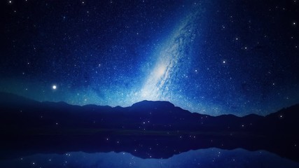 Wall Mural - video of universe or aerial flyby. camera moves towards a blue galaxy or heavenly object while stars
