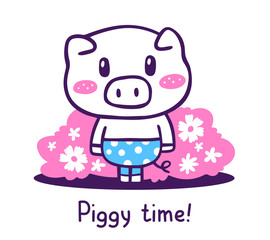 Wall Mural - Vector illustration of cute cartoon pig standing with flower bush in blue pants with pink cheeks and text on white background.