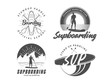 SUP boarding logos. Stand up paddling badges. Set of vector emblems with SUP boards, surfers and equipment