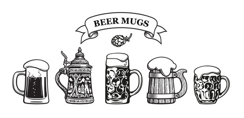 Wall Mural - set of traditional beer mugs. vector illustration.