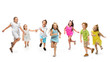 © master1305 - Happy children, little and emotional caucasian kids jumping and running isolated on white background. Looks happy, cheerful, sincere. Copyspace for ad. Childhood, education, happiness concept.