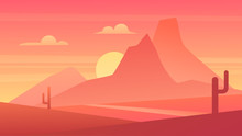Desert Scenic Nature Landscape Vector Illustration. Cartoon Flat Panoramic Mexican Sand Desert Scenery With Cactuses, Rising Sun Behind Mountains Silhouettes, Sunset Or Sunrise Hot Natural Background