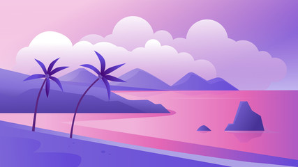 Night tropical coast landscape vector illustration. Cartoon flat tropics purple romantic panoramic scenery with evening beach, palm trees and sea, exotic paradise island coastline scene background