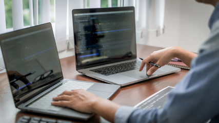 Software developer programmer coding data technologies.