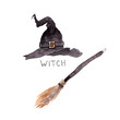 watercolor drawings - witchcraft, witch hat and broom