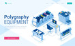 © klyaksun - Polygraphy equipment banner. Typography business, printing service. Vector landing page of printing house with isometric illustration of press equipment, offset, plotter and computer