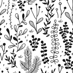 Wall Mural - Vector seamless border with doodle forest and meadow plants. Hand drawn abstract background for frames, posters, textile