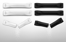 Sugar Sticks For Coffee In White And Black Packs. Vector Realistic Mockup Of Blank Paper Sachet With Sugar Or Salt Front And Back View. Torn Packet With Falling White Granules