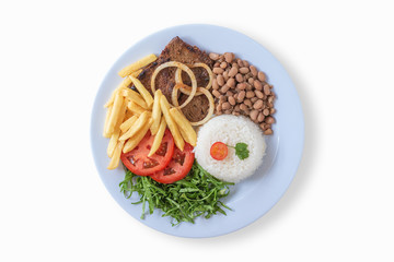 Brazilian food dish. Beans, rice, meat, chips, cabbage, tomatoes, onions. Executive dish. Dish done. Top view. Copy space. Isolated on white background.