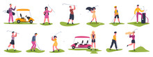 Golf People Scenes. Male And Female Golfers, Golf Characters Chase And Hit Ball, Golfers Playing Outdoor Sports Vector Illustration Icons Set. Golfer Play Female And Male, Golf Sport Competition
