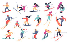 Skiing Snowboarding People. Winter Sport Activities, Young People On Snowboard Or Ski, Extreme Mountain Sports Isolated Vector Illustration Set. Extreme Snowboard, Sport Ski And Snowboarding
