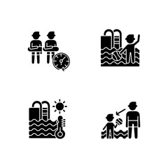 Poster - Public swimming pool black glyph icons set on white space. Aqua park rules, keeping distance and watching children. Water temperature, kids pool silhouette symbols. Vector isolated illustrations