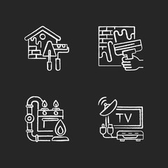 Sticker - House repairs and facilities chalk white icons set on black background. External decoration. House decorating and renovating. Gas pipework. TV tuner. Isolated vector chalkboard illustrations