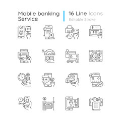 Poster - Mobile banking service linear icons set. E wallet personal account management. E payment transactions. Customizable thin line contour symbols. Isolated vector outline illustrations. Editable stroke