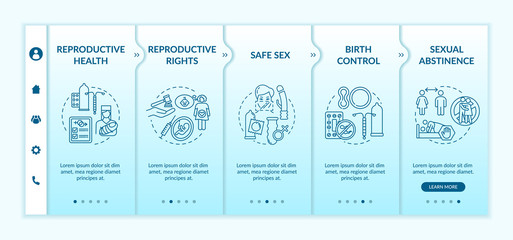 Wall Mural - Reproductive health onboarding vector template. Sexual education. Safe sex. Birth control with condom. Responsive mobile website with icons. Webpage walkthrough step screens. RGB color concept