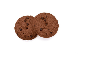 Cookies with chocolate chips on white background.