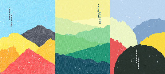 Wall Mural - Vector illustration landscape. Wood surface texture. Rocks, meadow, mountain sunset scene. Line wave pattern. Mountain background. Asian style. Design for poster, book cover, web template, brochure.