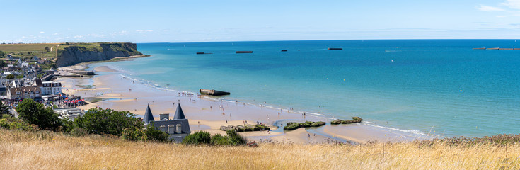 Arromanches, France - 08 04 2020: View of the Landing Beach from the cliffs