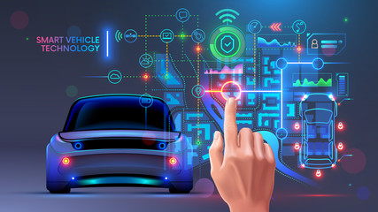 Leinwandbilder - Future automotive smart vehicles intelligent system concept. Computer virtual diagnostic interface of autonomous car. Data about security, technical state, gps, battery charge on hud dashboard. IOT.