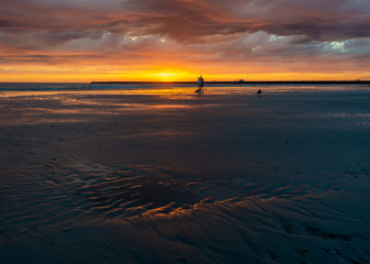 Wall Mural - Dramatic pink colorful clouds during sunset at a Dutch beach