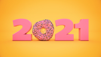 Wall Mural - Donut concept 2021 New Year sign. 3d rendering	
