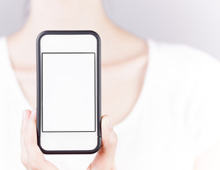 person holding blank white smartphone