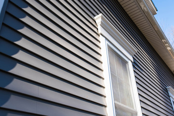 Dark vinyl siding in residential neighborhood, new window treatments