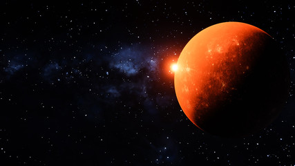 orange planet with a sun gazing over the planet. milkyway background
