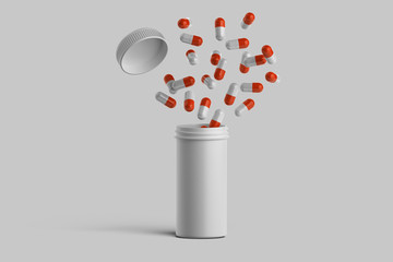 Wall Mural - White And Red Pills Or Capsules Flying Out From White Blank Container With Medicine on Bright Background, Copy Space. Empty Space. 3d rendering