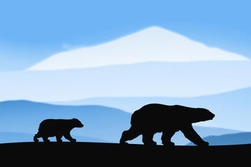 Sticker - polar bears walking in snow. animal silhouettes in foggy mountains