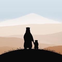 Sticker - Animal family silhouette. Mom bear and baby in misty autumn mountains