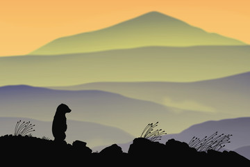 Sticker - Lonely little bear. Animal baby silhouette on rocky mountain