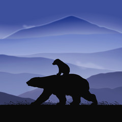 Sticker - Bears family walking in mountains. Animal mother and baby silhouette