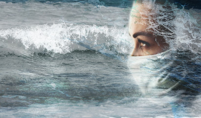 Coronavirus Second Wave Concept. Second lockdown. Double exposure of a woman in a protective mask and a wave in the sea.